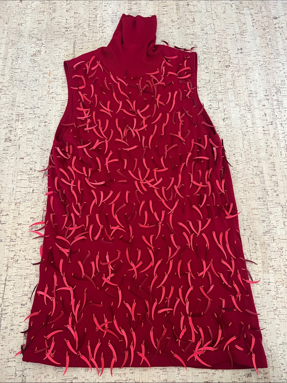 Sleeveless Red Mockneck Cattail Fringe Sequin Vintage Dress Avant Garde Silk